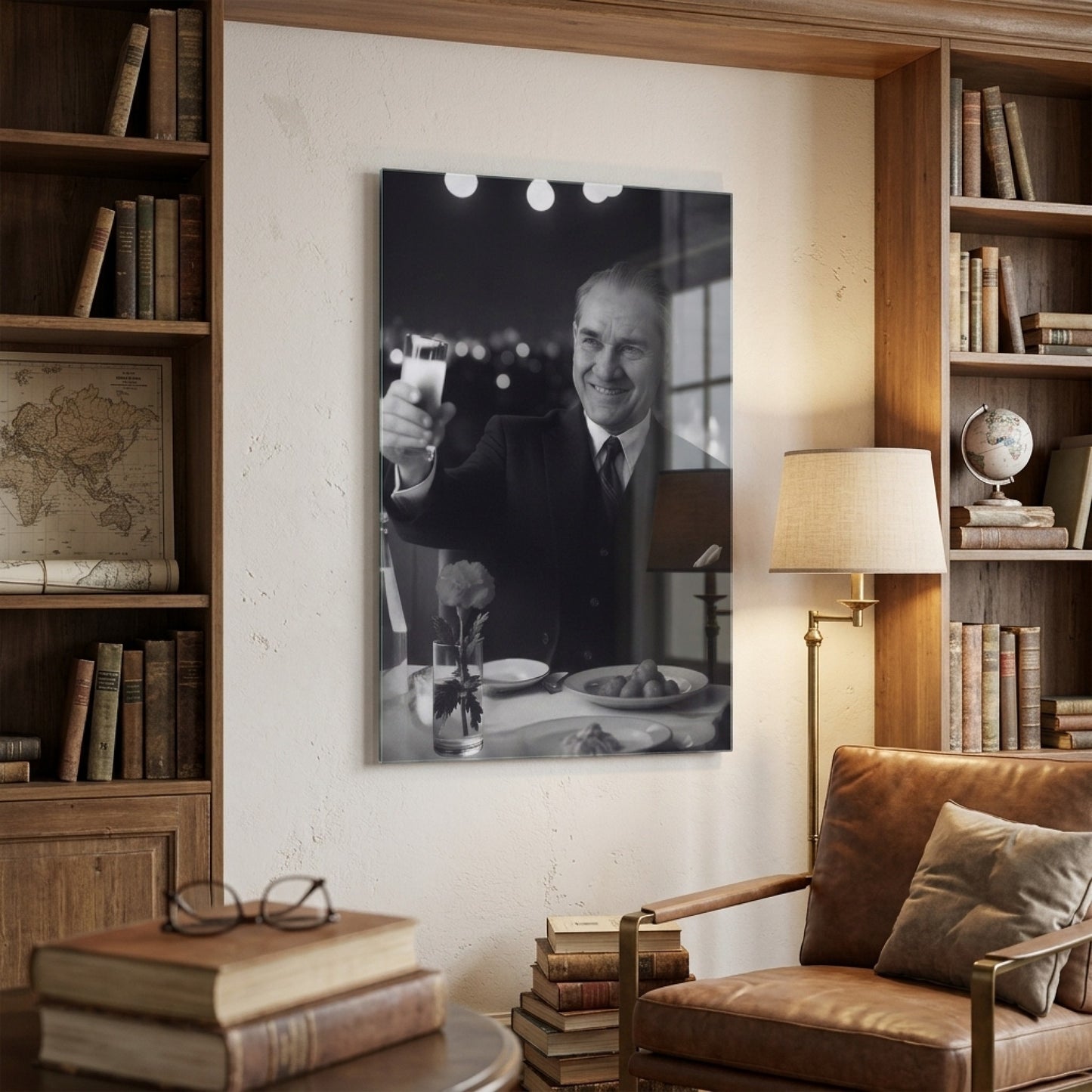 Mustafa Kemal Atatürk Kadeh Kaldıran Portre Dikey Cam Tablo