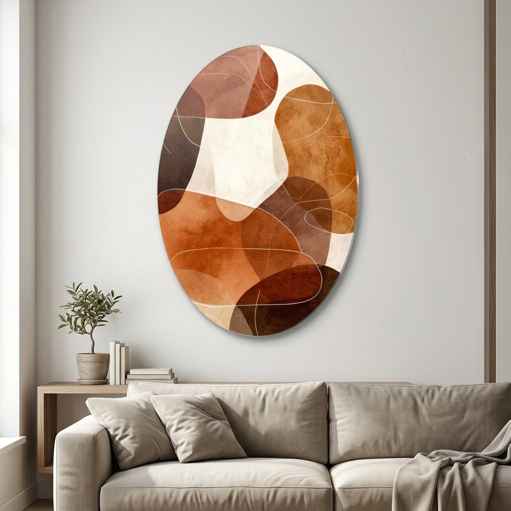 Oval Soyut Kahve Sanat Oval Dikey Cam Tablo