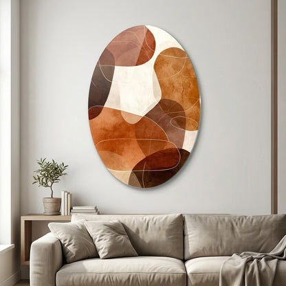 Oval Soyut Kahve Sanat Oval Dikey Cam Tablo