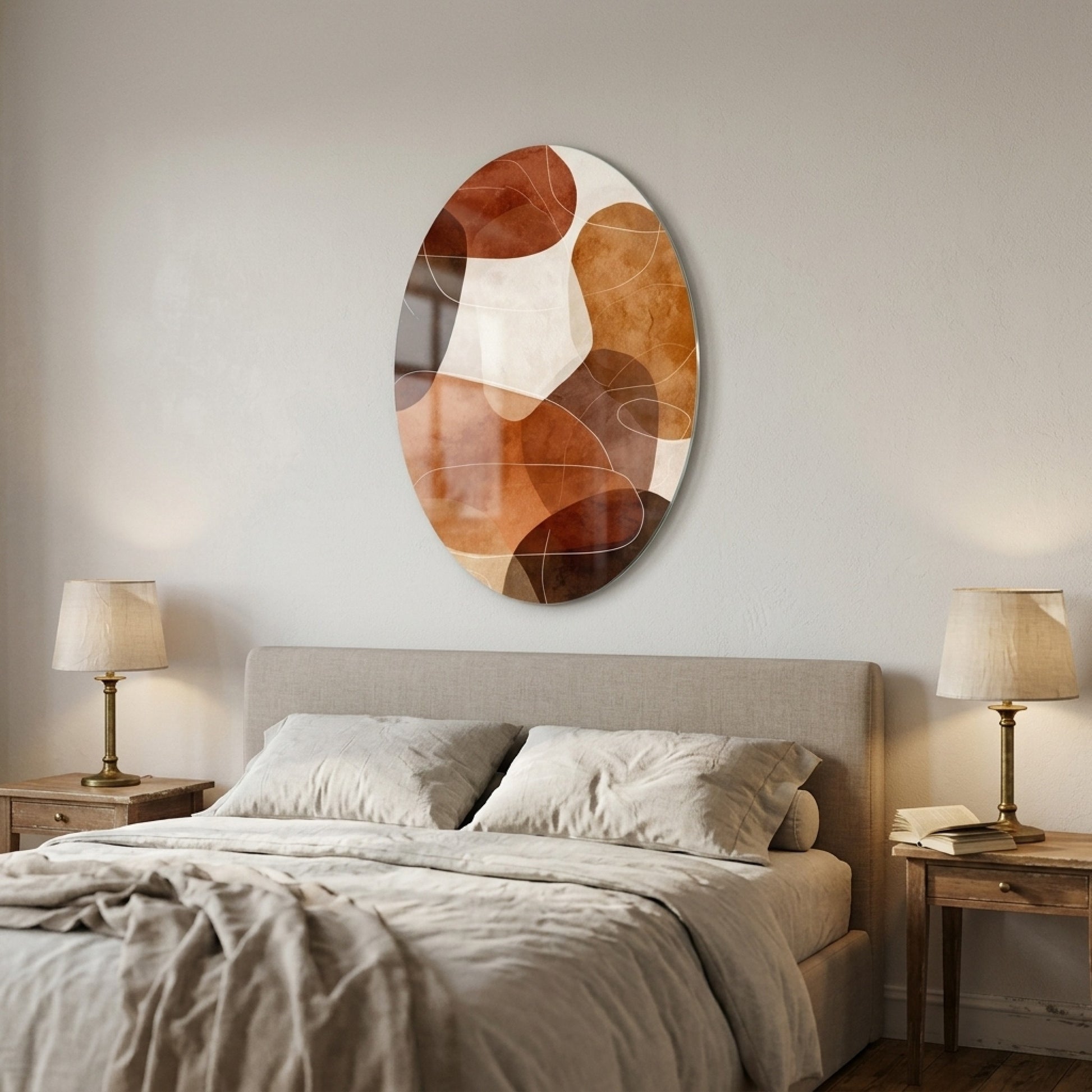 Oval Soyut Kahve Sanat Oval Dikey Cam Tablo