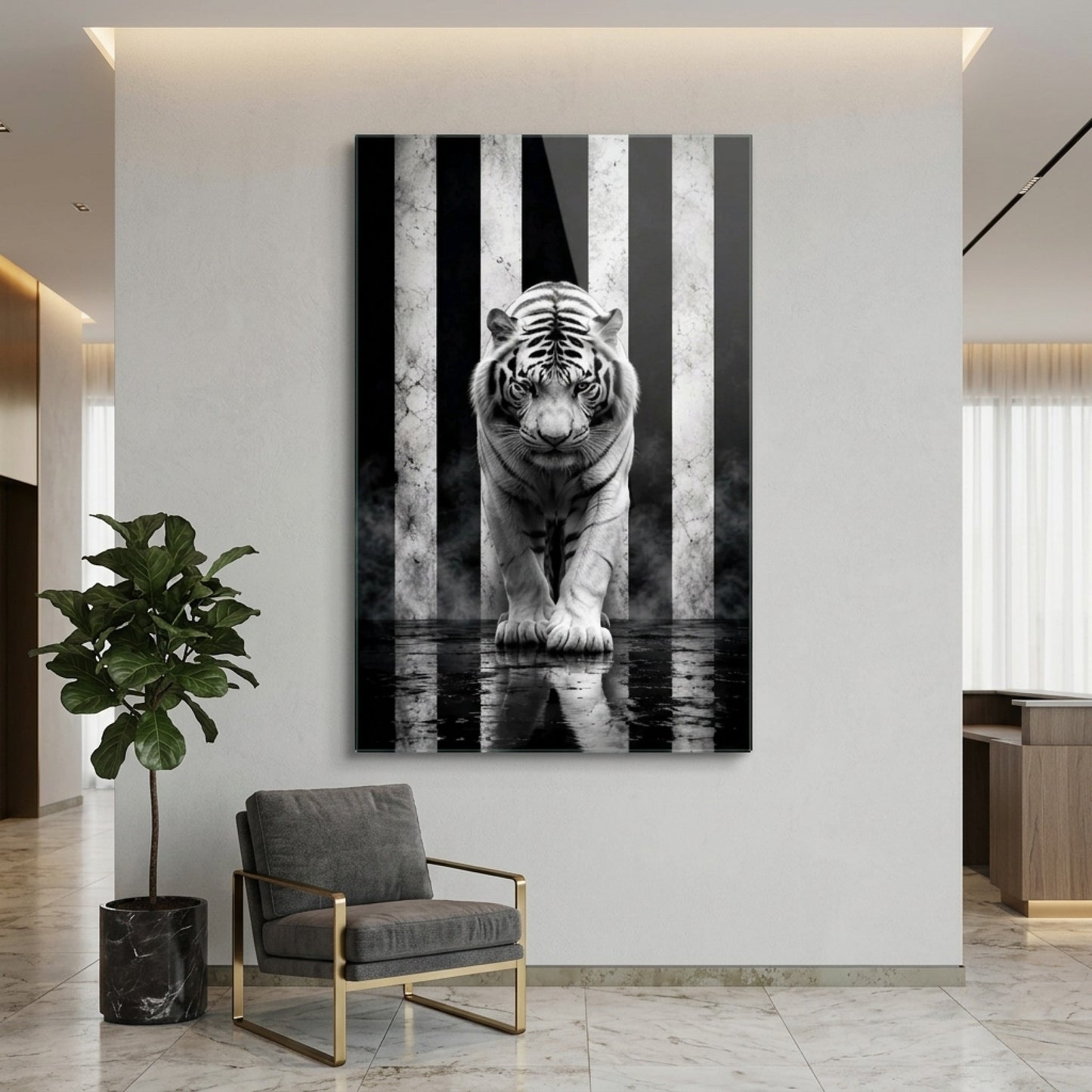 Modern Beyaz Kaplan Mermer Zeminli Sanat Dikey Cam Tablo