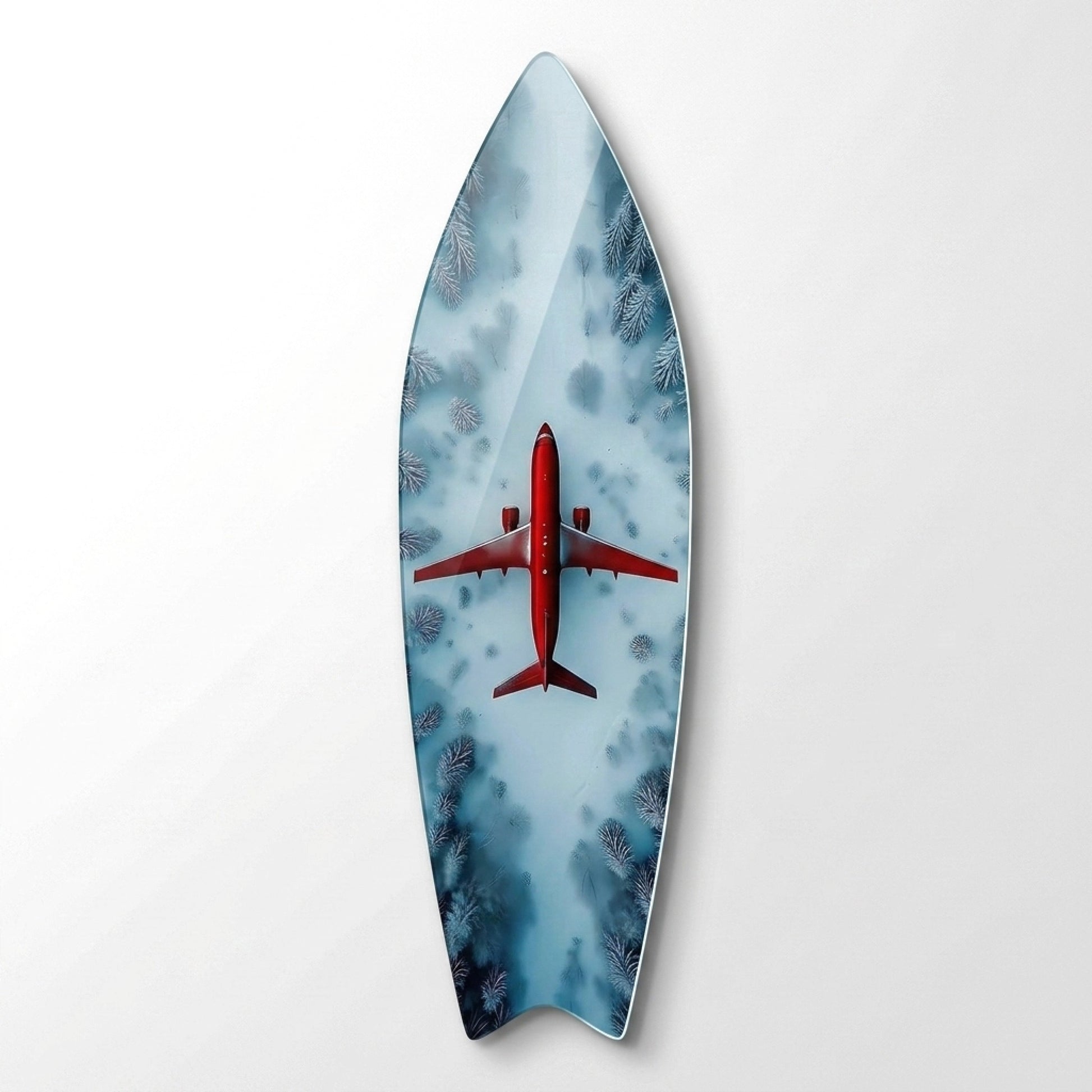 Karlı Orman Üzerinde Kırmızı Uçak Manzarası Surf Board Cam Tablo