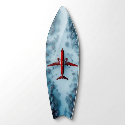 Karlı Orman Üzerinde Kırmızı Uçak Manzarası Surf Board Cam Tablo