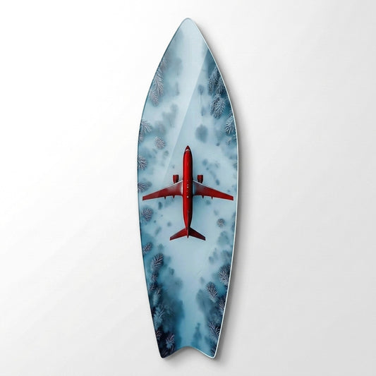 Karlı Orman Üzerinde Kırmızı Uçak Manzarası Surf Board Cam Tablo
