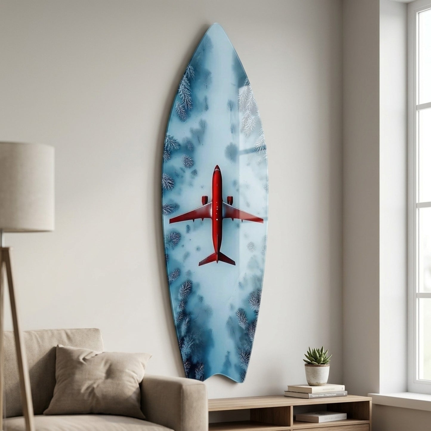 Karlı Orman Üzerinde Kırmızı Uçak Manzarası Surf Board Cam Tablo