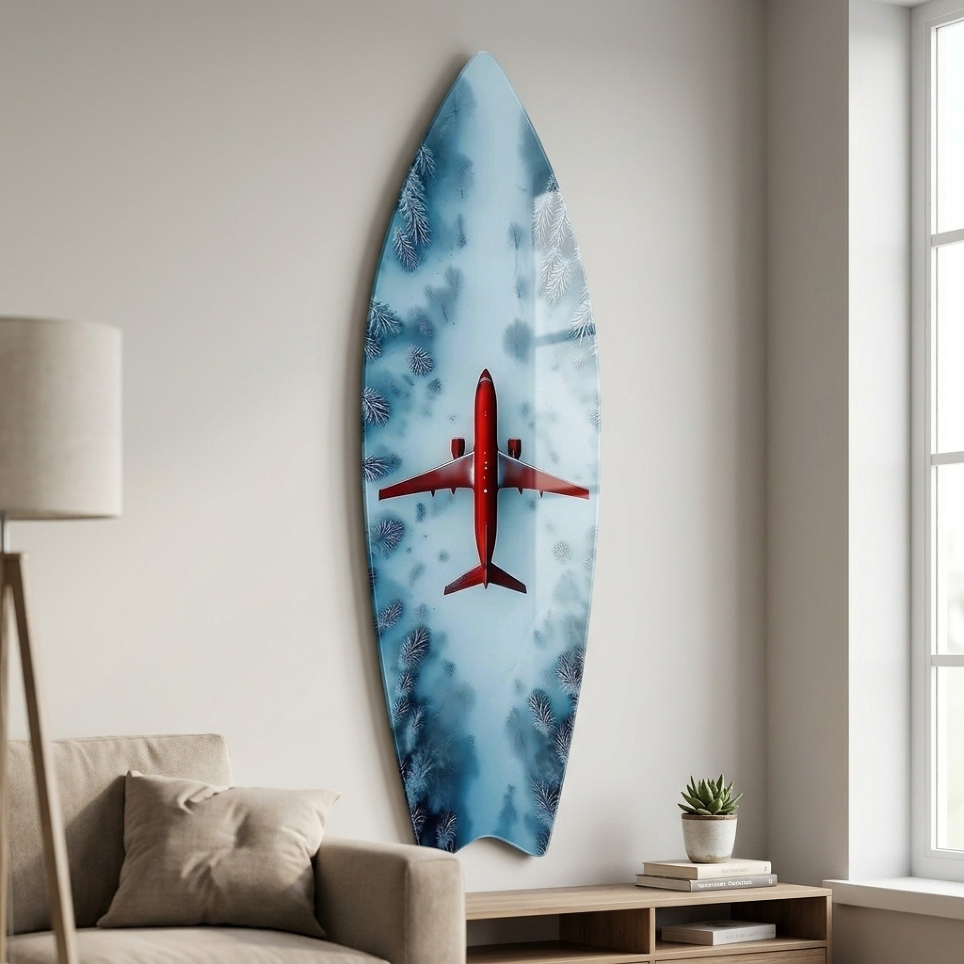 Karlı Orman Üzerinde Kırmızı Uçak Manzarası Surf Board Cam Tablo