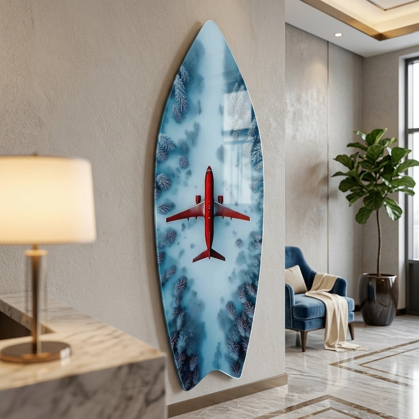 Karlı Orman Üzerinde Kırmızı Uçak Manzarası Surf Board Cam Tablo