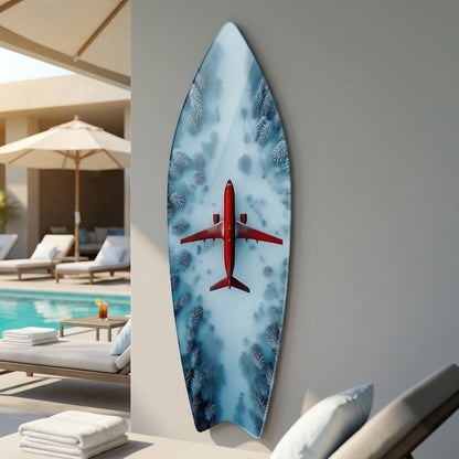 Karlı Orman Üzerinde Kırmızı Uçak Manzarası Surf Board Cam Tablo