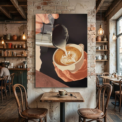 Latte Sanatı Kahve Hazırlayan Barista Tablosu Dikey Cam Tablo