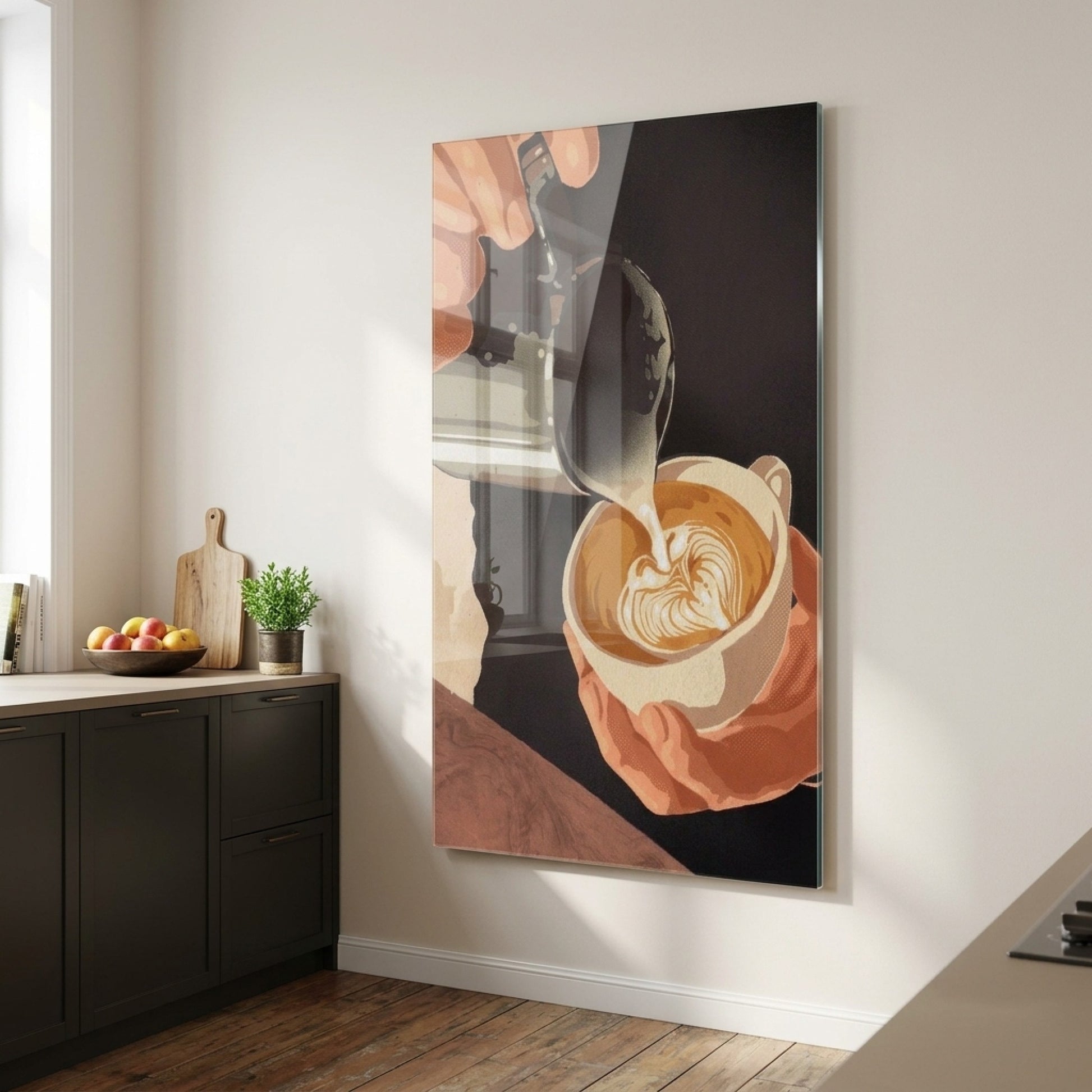 Latte Sanatı Kahve Hazırlayan Barista Tablosu Dikey Cam Tablo