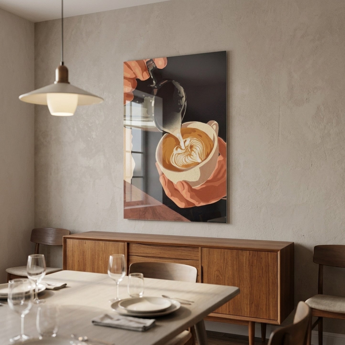 Latte Sanatı Kahve Hazırlayan Barista Tablosu Dikey Cam Tablo