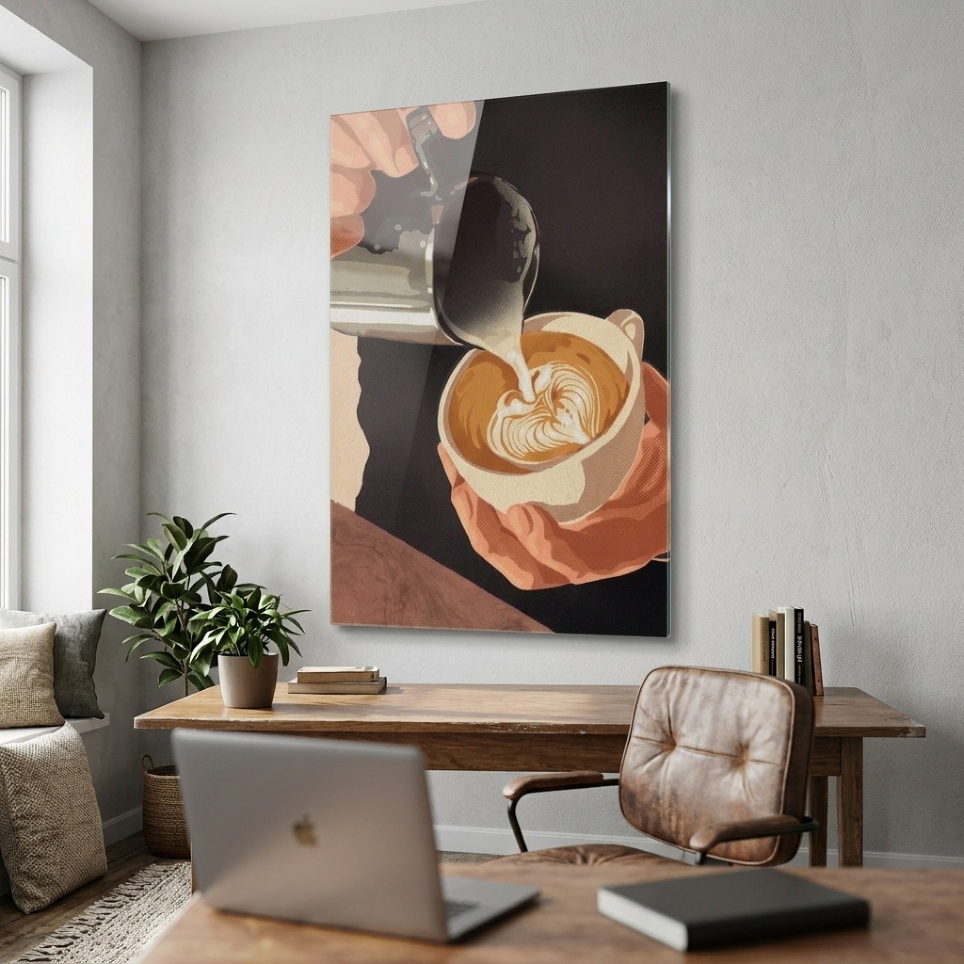 Latte Sanatı Kahve Hazırlayan Barista Tablosu Dikey Cam Tablo