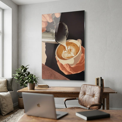 Latte Sanatı Kahve Hazırlayan Barista Tablosu Dikey Cam Tablo