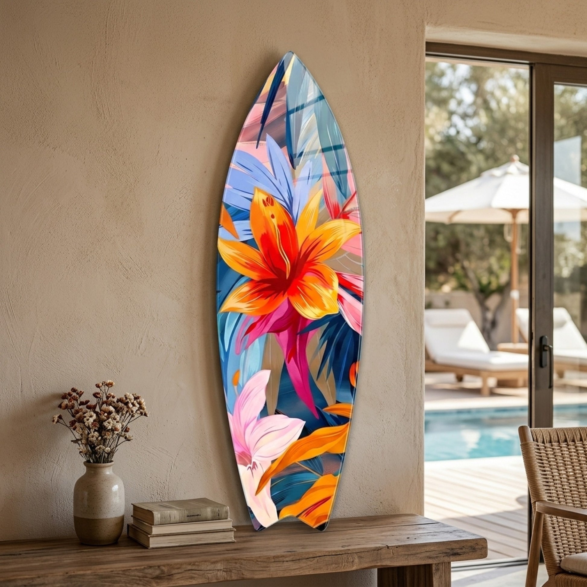 Renkli Tropikal Çiçekler ve Palmiye Yaprakları Surf Board Cam Tablo