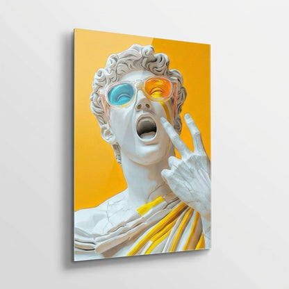 Pop Art David Heykeli Sarı Arka Plan Dikey Cam Tablo