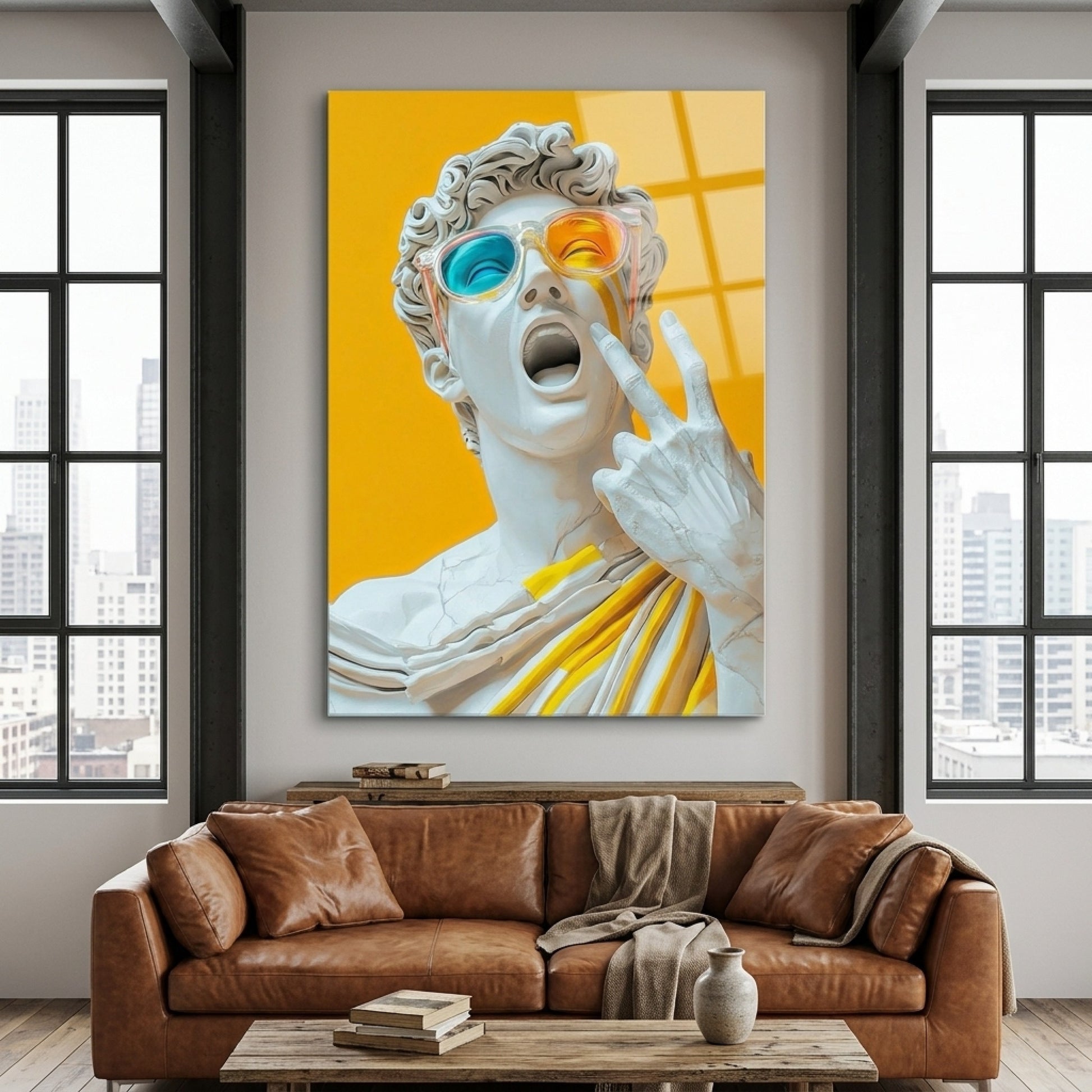 Pop Art David Heykeli Sarı Arka Plan Dikey Cam Tablo