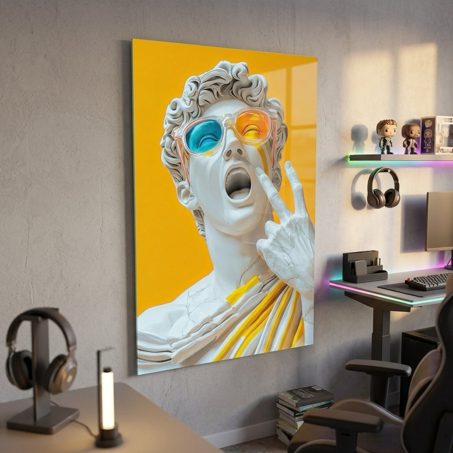 Pop Art David Heykeli Sarı Arka Plan Dikey Cam Tablo