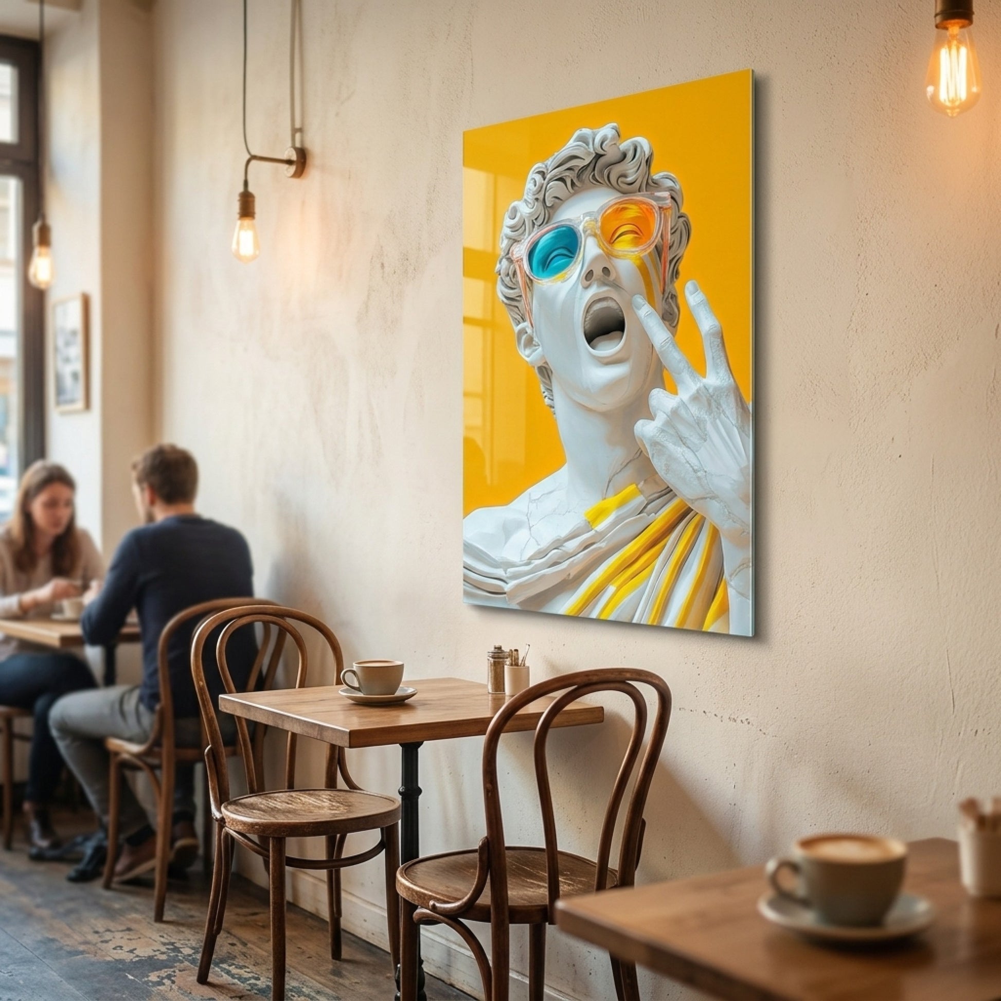 Pop Art David Heykeli Sarı Arka Plan Dikey Cam Tablo