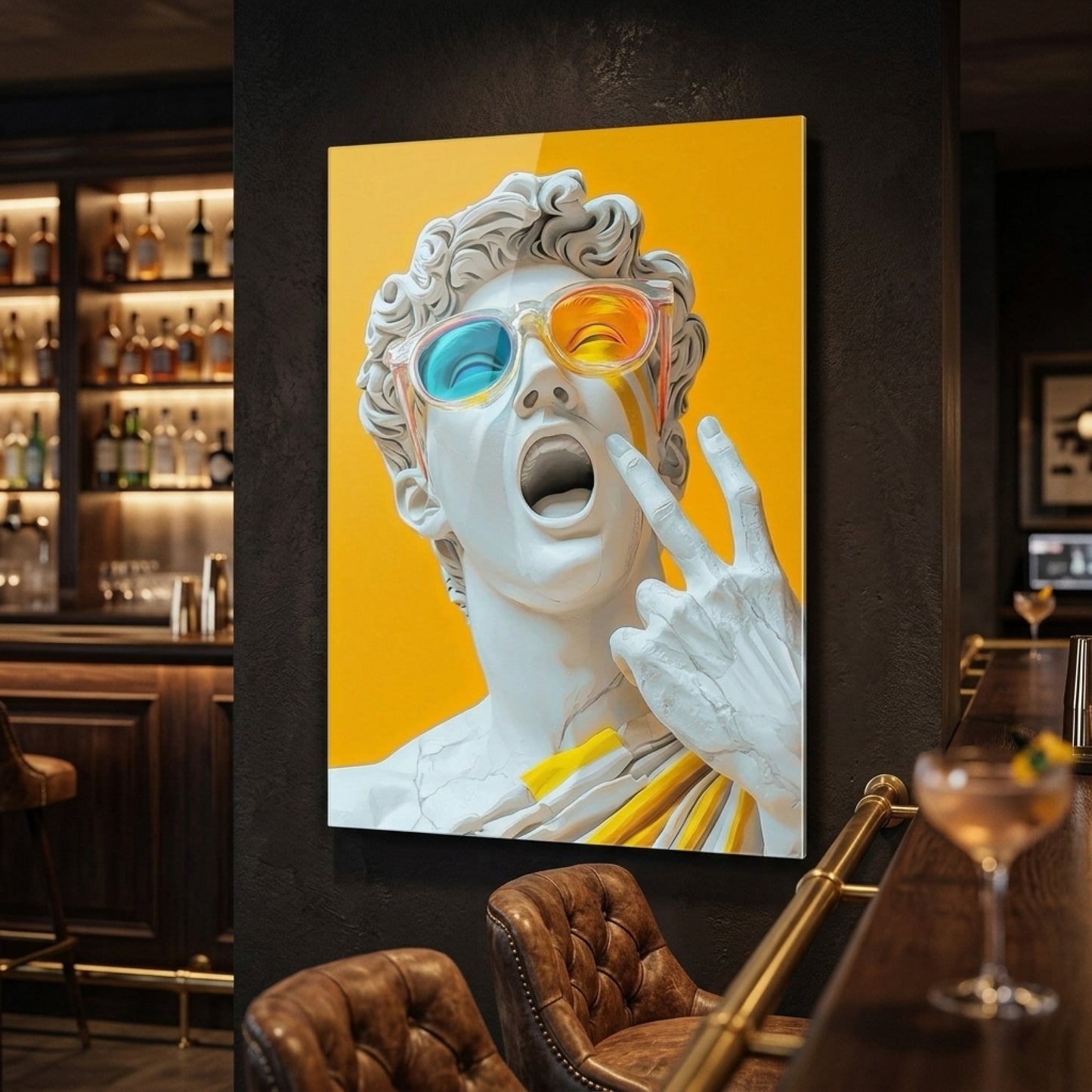 Pop Art David Heykeli Sarı Arka Plan Dikey Cam Tablo