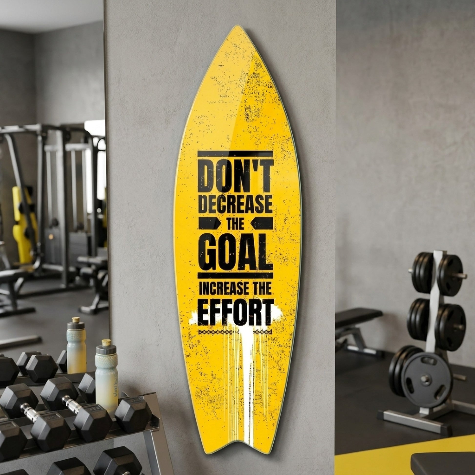 Sarı Arka Planlı Motivasyon Sözü Surf Board Cam Tablo