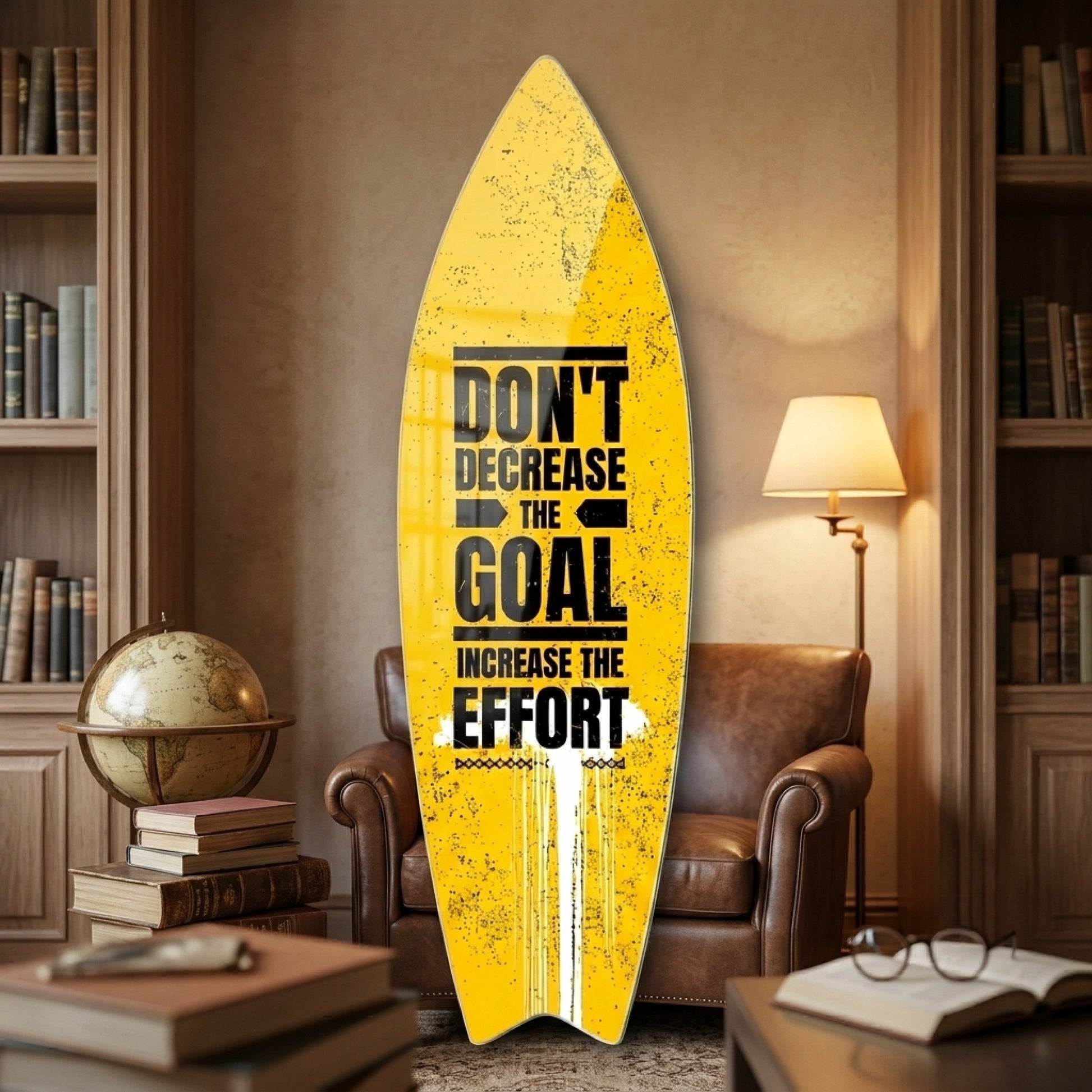 Sarı Arka Planlı Motivasyon Sözü Surf Board Cam Tablo