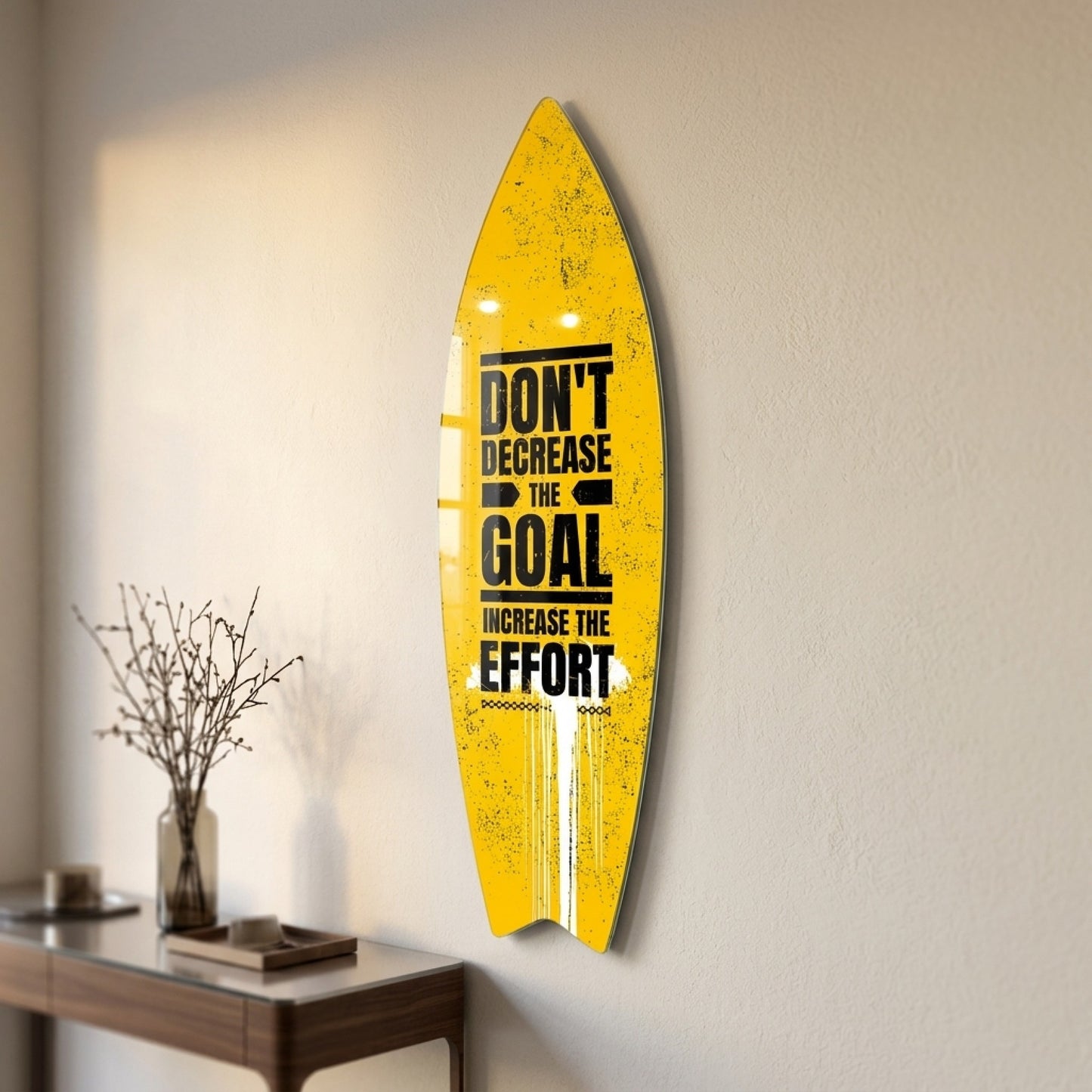 Sarı Arka Planlı Motivasyon Sözü Surf Board Cam Tablo