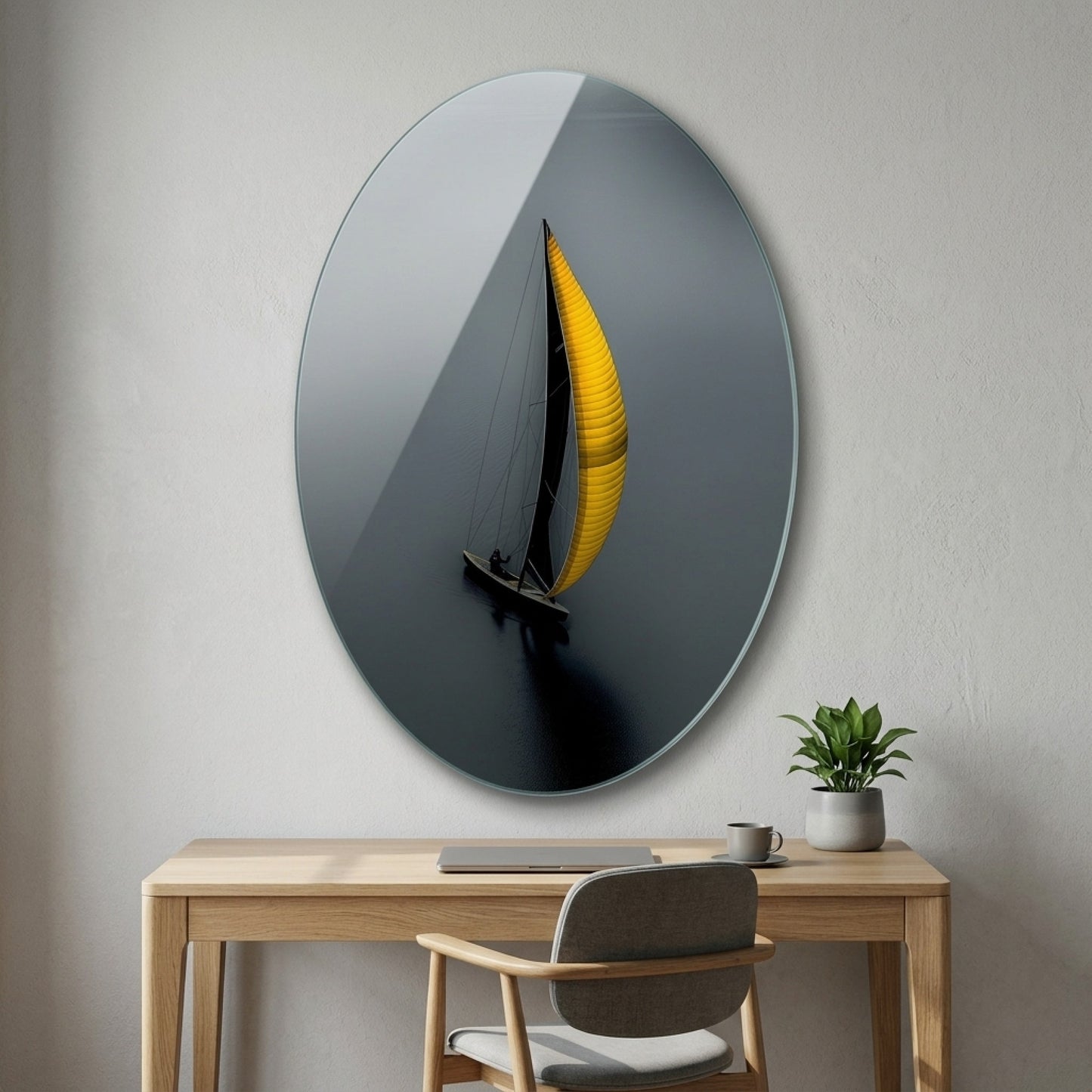 Modern Sarı Yelkenli Deniz Manzarası Oval Dikey Cam Tablo