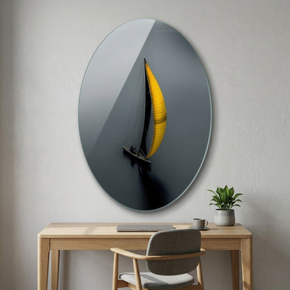 Modern Sarı Yelkenli Deniz Manzarası Oval Dikey Cam Tablo