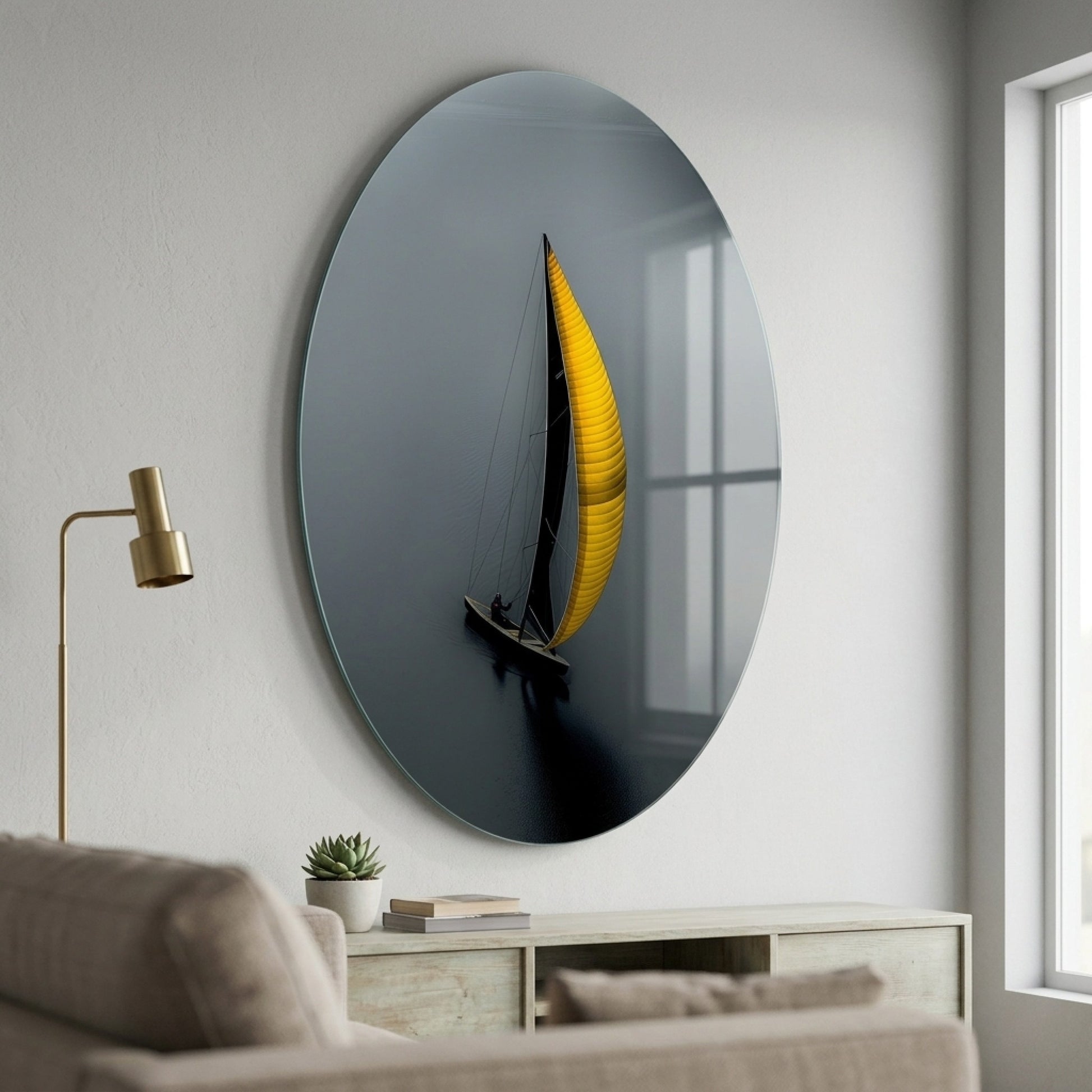 Modern Sarı Yelkenli Deniz Manzarası Oval Dikey Cam Tablo