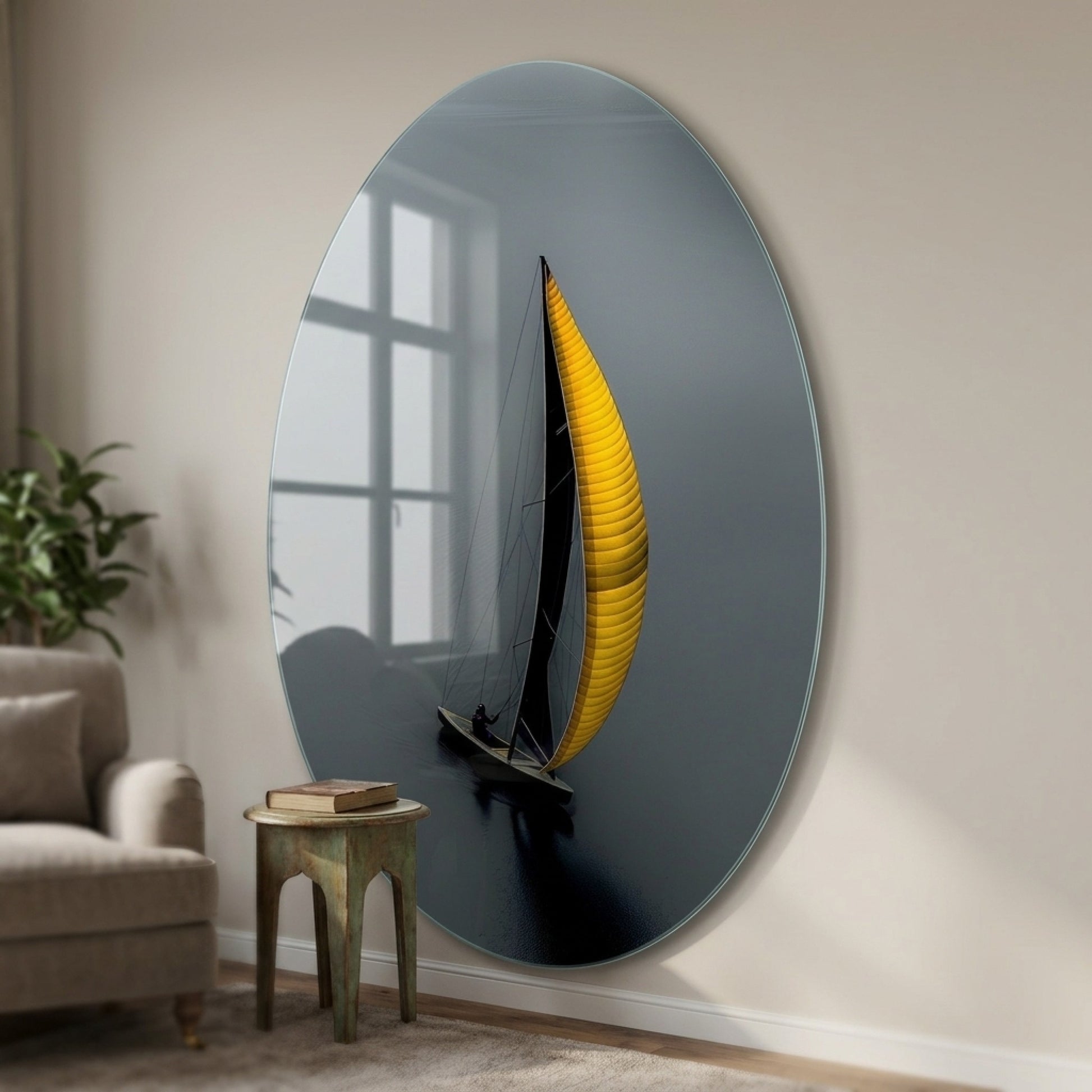 Modern Sarı Yelkenli Deniz Manzarası Oval Dikey Cam Tablo