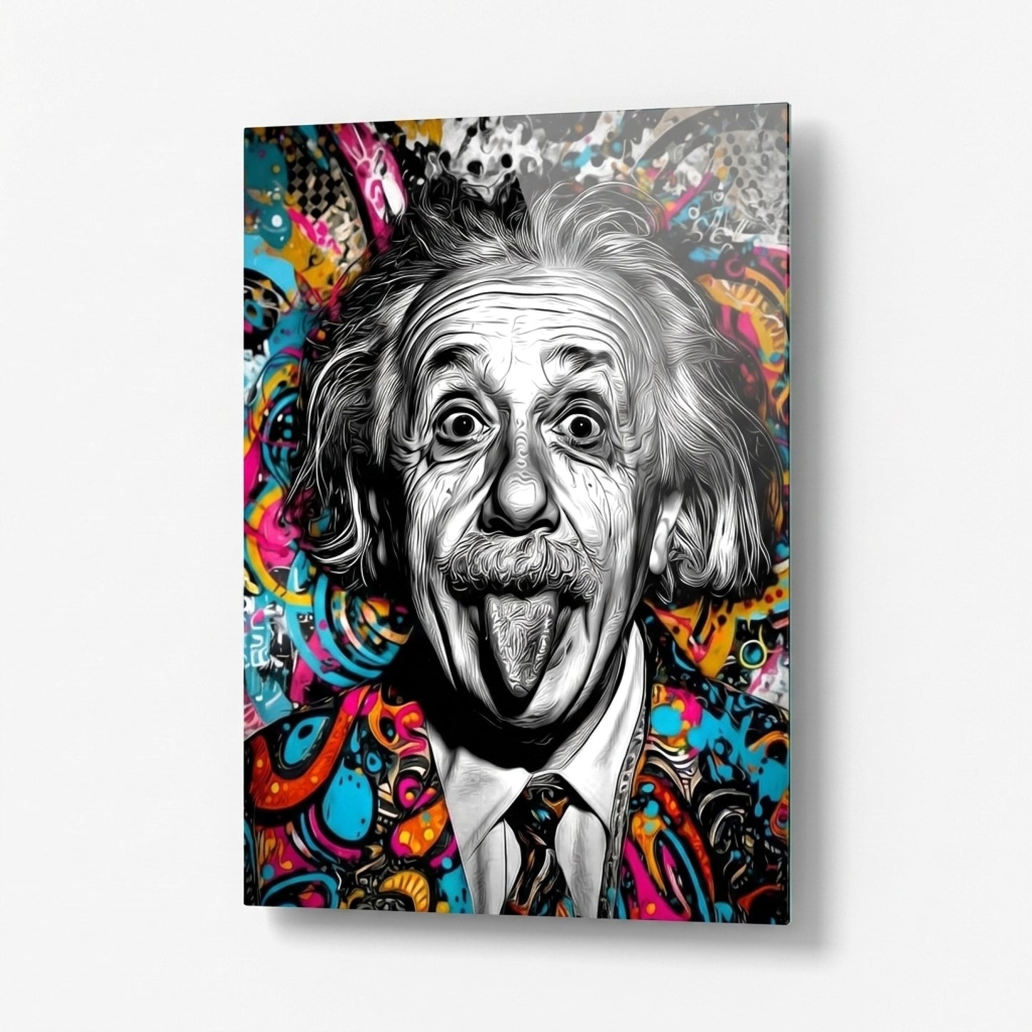 Pop Art Einstein Dil Çıkaran Renkli Portre Dikey Cam Tablo