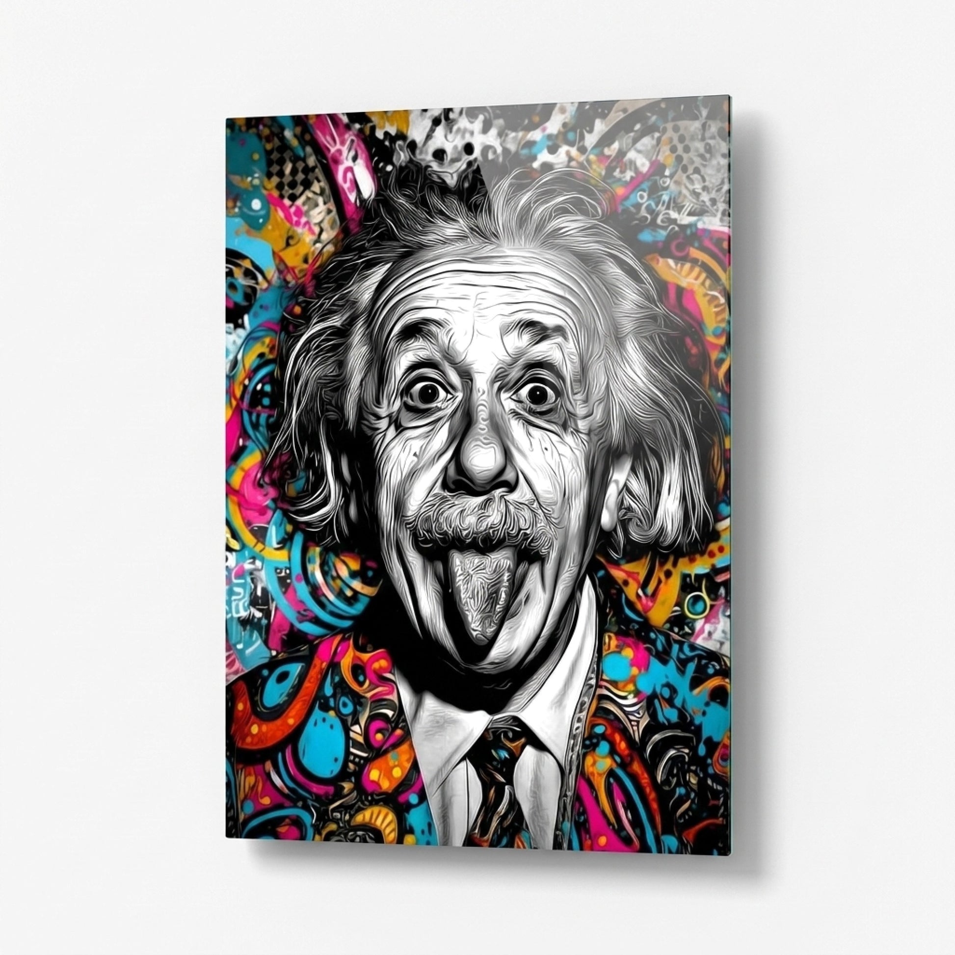 Pop Art Einstein Dil Çıkaran Renkli Portre Dikey Cam Tablo