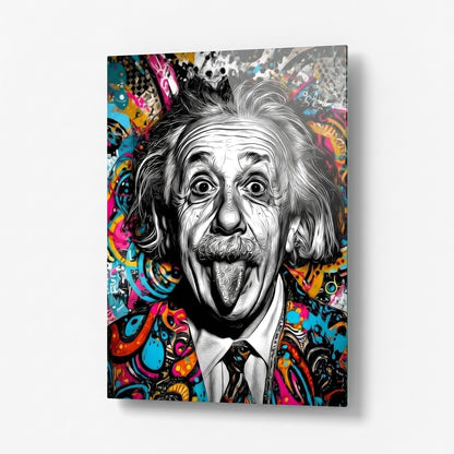 Pop Art Einstein Dil Çıkaran Renkli Portre Dikey Cam Tablo