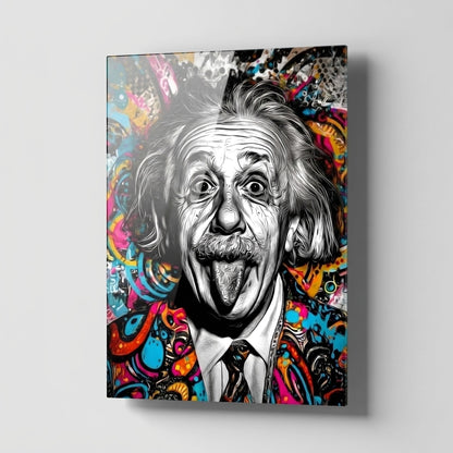 Pop Art Einstein Dil Çıkaran Renkli Portre Dikey Cam Tablo
