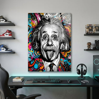 Pop Art Einstein Dil Çıkaran Renkli Portre Dikey Cam Tablo