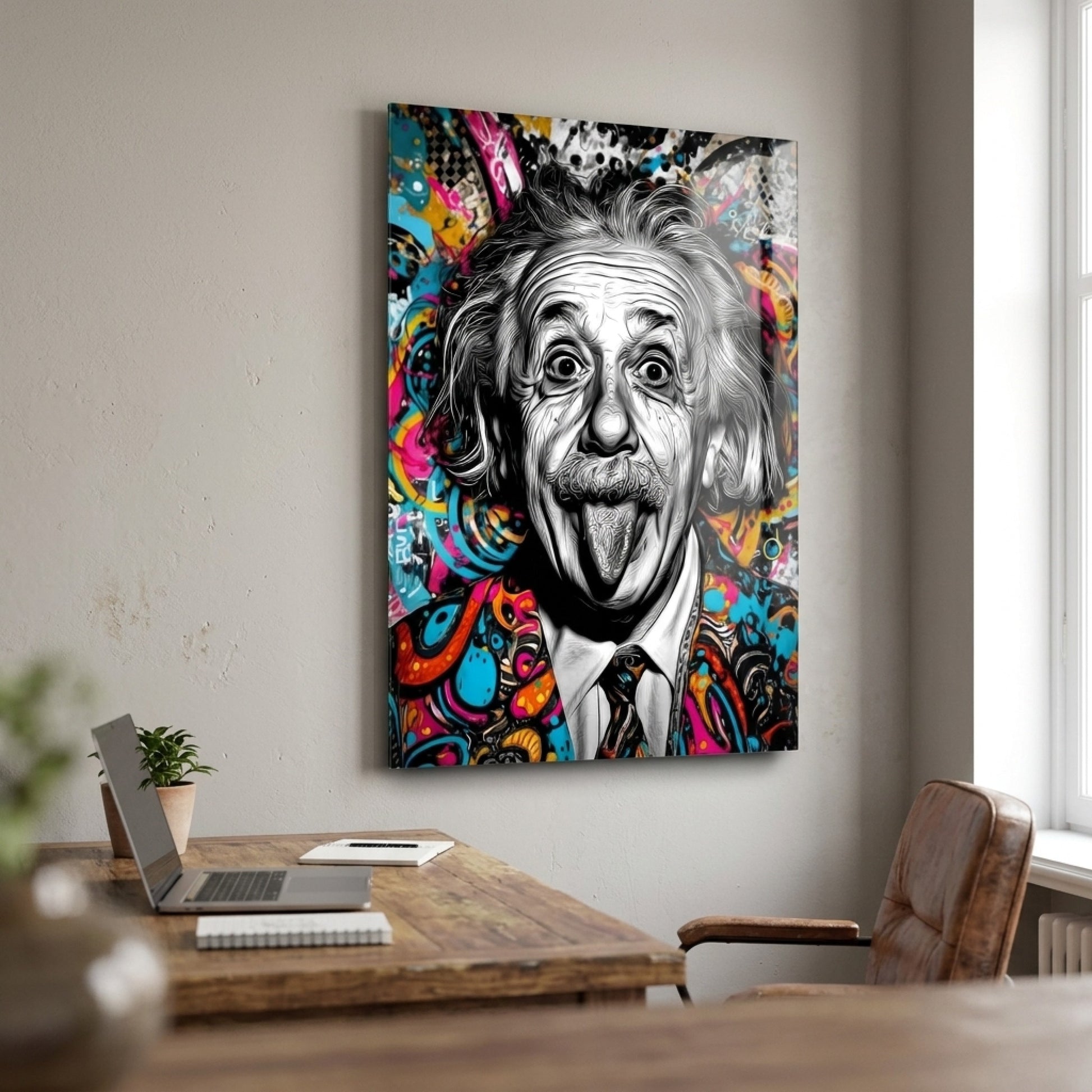 Pop Art Einstein Dil Çıkaran Renkli Portre Dikey Cam Tablo