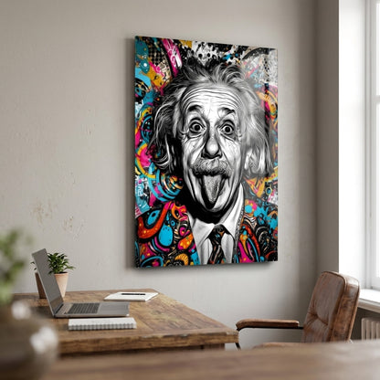 Pop Art Einstein Dil Çıkaran Renkli Portre Dikey Cam Tablo