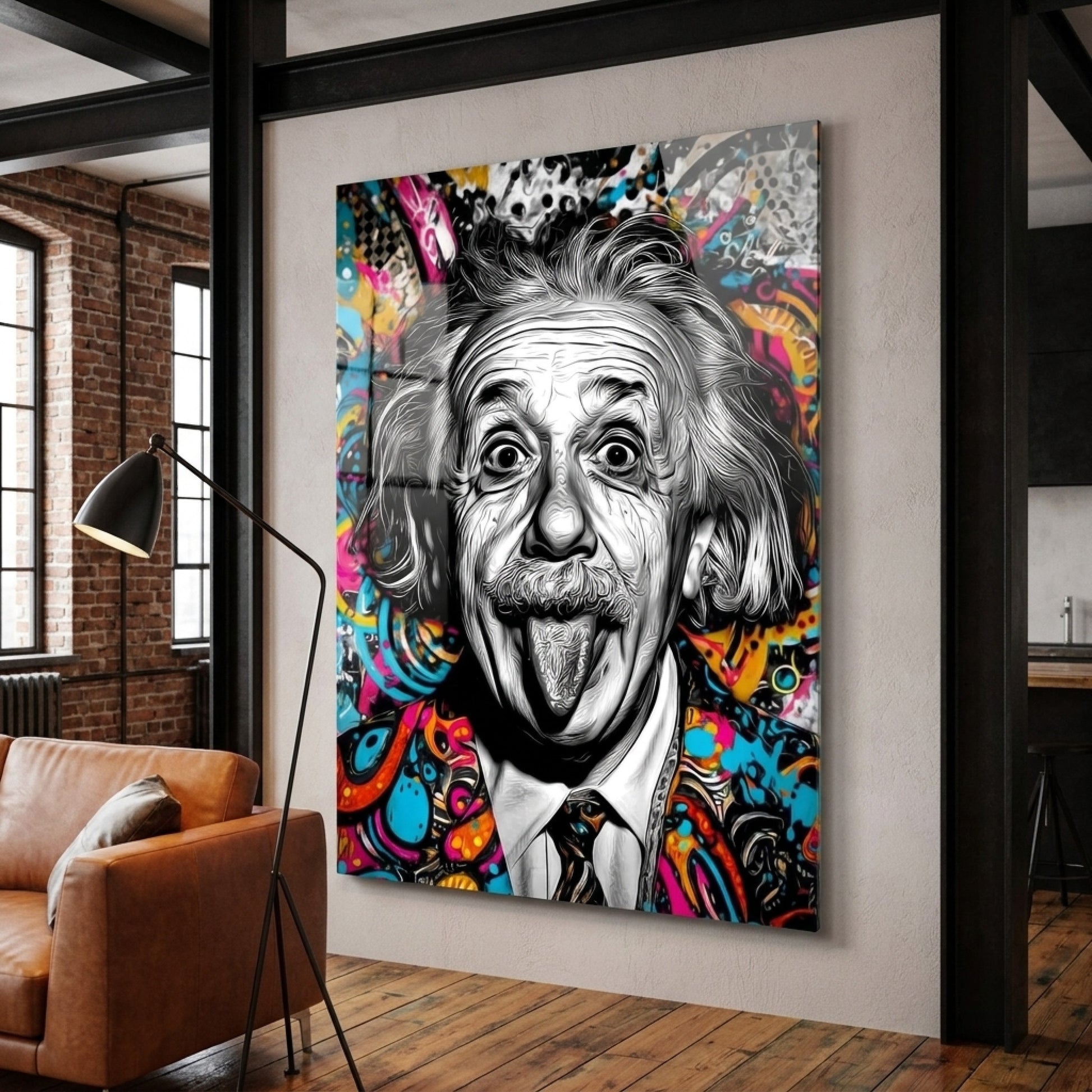 Pop Art Einstein Dil Çıkaran Renkli Portre Dikey Cam Tablo