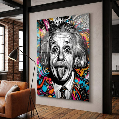 Pop Art Einstein Dil Çıkaran Renkli Portre Dikey Cam Tablo
