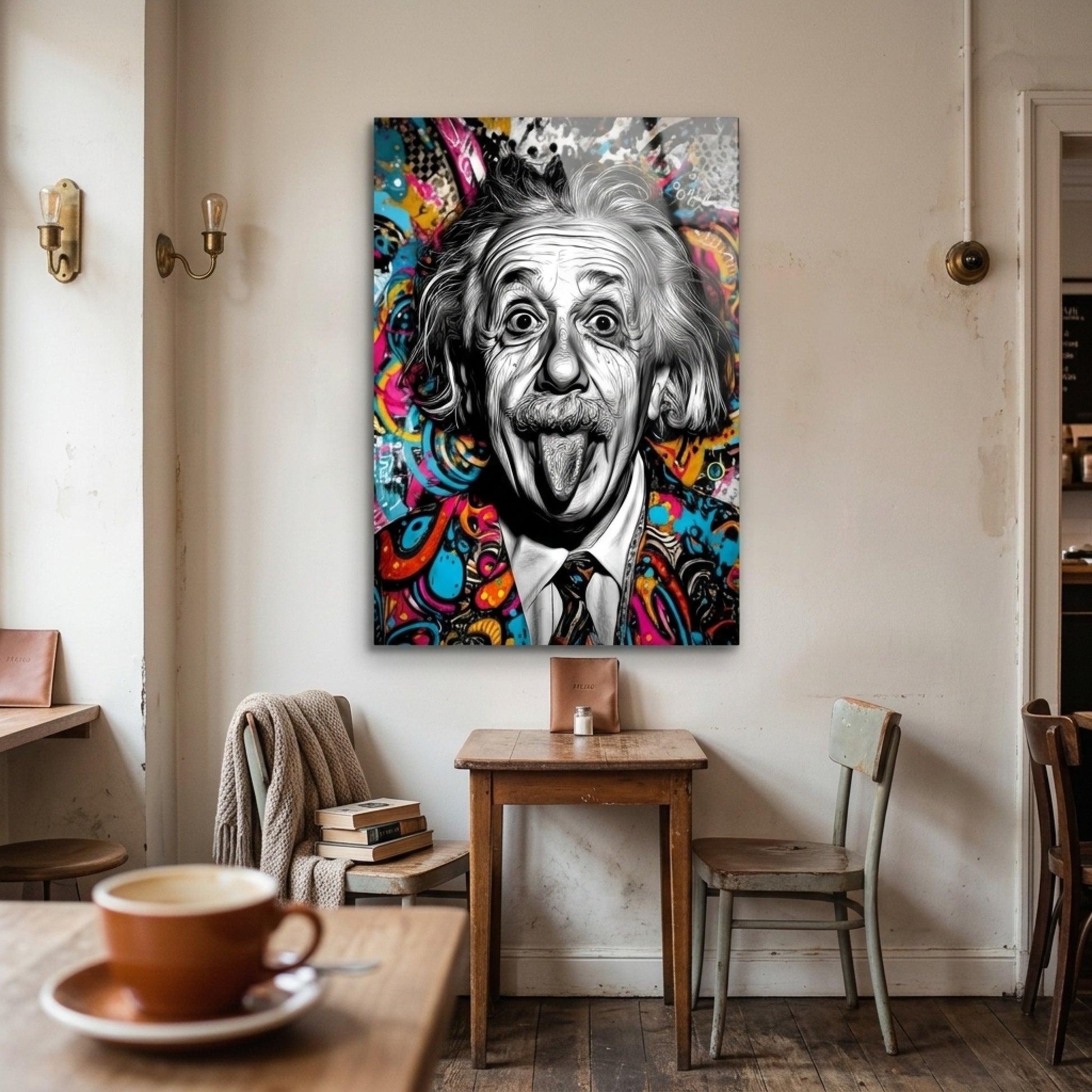 Pop Art Einstein Dil Çıkaran Renkli Portre Dikey Cam Tablo