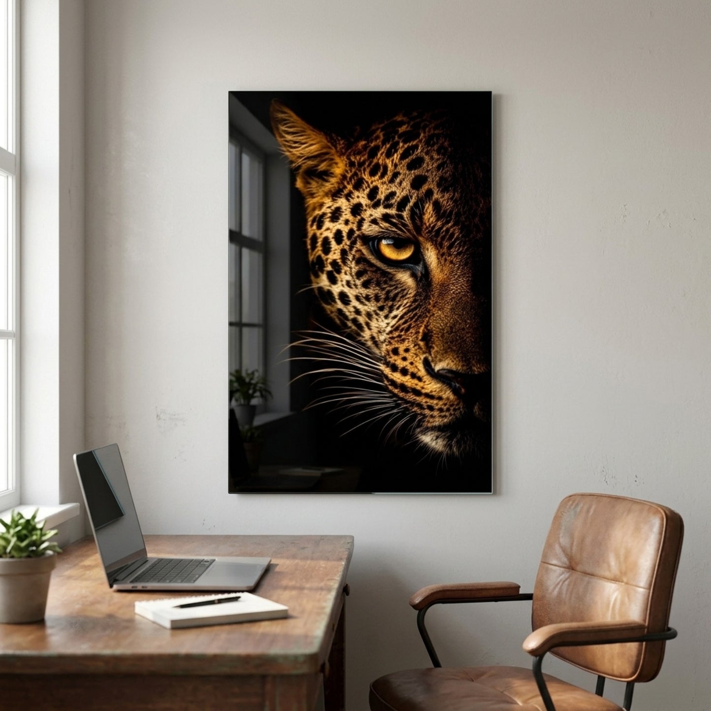 Siyah Arkaplan Canlı Gözlü Leopar Portresi Dikey Cam Tablo