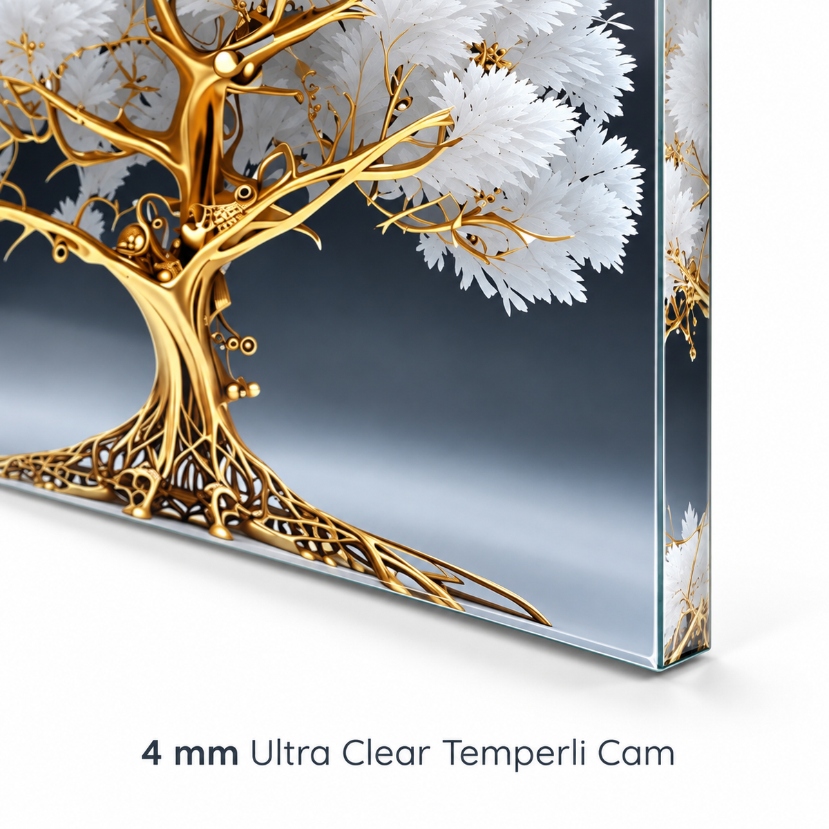 Beyaz yapraklı altın hayat ağacı cam tablo, 4 mm Ultra Clear temperli cam ve rodajlı kenar detayı