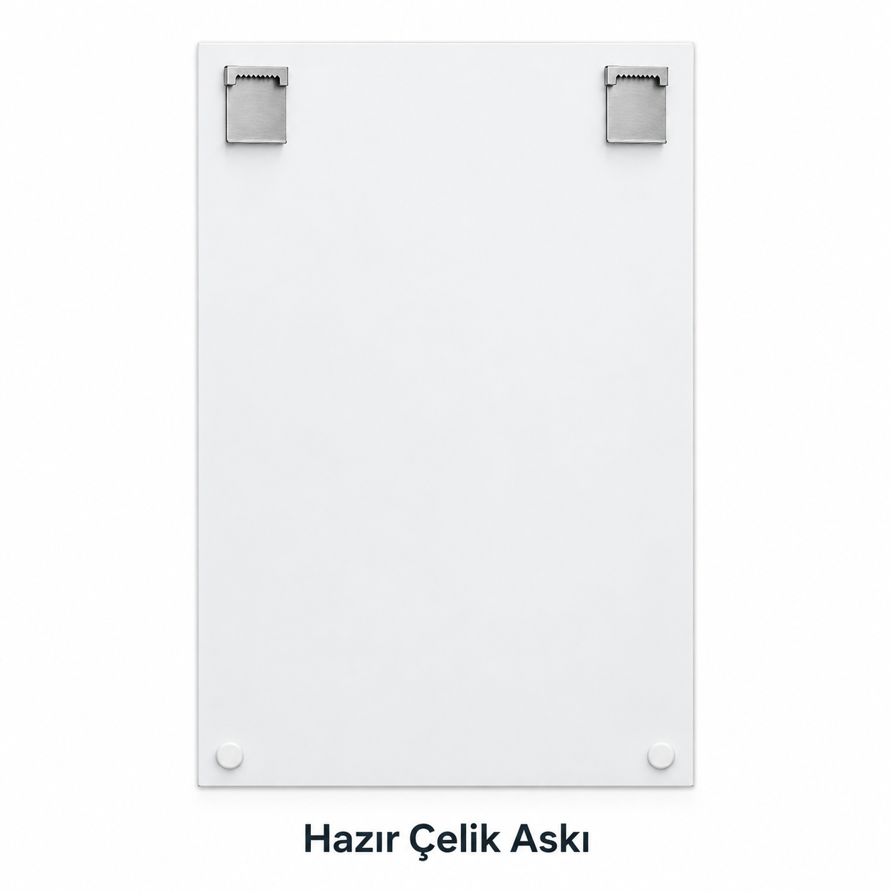 Dikey cam tablonun beyaz arka yüzü, üstte iki CAMDEKO çelik askı aparatı ve altta iki beyaz denge tamponu