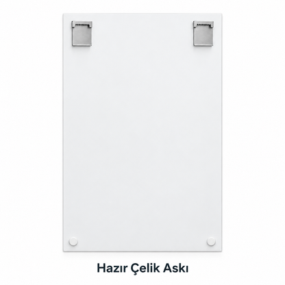 Dikey cam tablonun beyaz arka yüzü, üstte iki CAMDEKO çelik askı aparatı ve altta iki beyaz denge tamponu