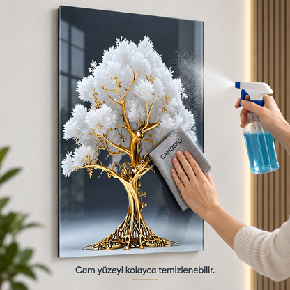 Beyaz yapraklı altın hayat ağacı dikey cam tablonun ön cam yüzeyinde sprey ve bezle temizlik uygulaması
