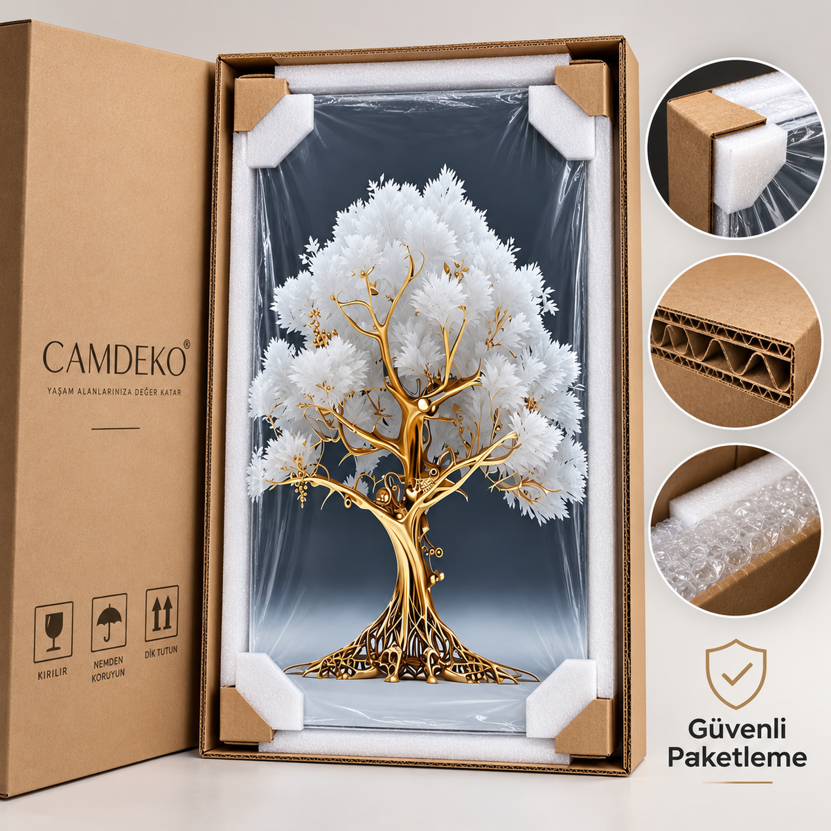 Beyaz yapraklı altın hayat ağacı dikey cam tablo, köşe koruyucular ve koruyucu ambalajla sağlam kutuda güvenli paketleme