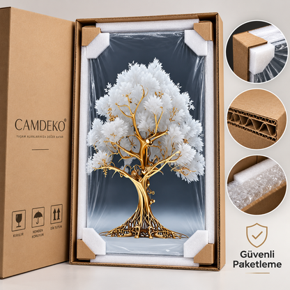 Beyaz yapraklı altın hayat ağacı dikey cam tablo, köşe koruyucular ve koruyucu ambalajla sağlam kutuda güvenli paketleme
