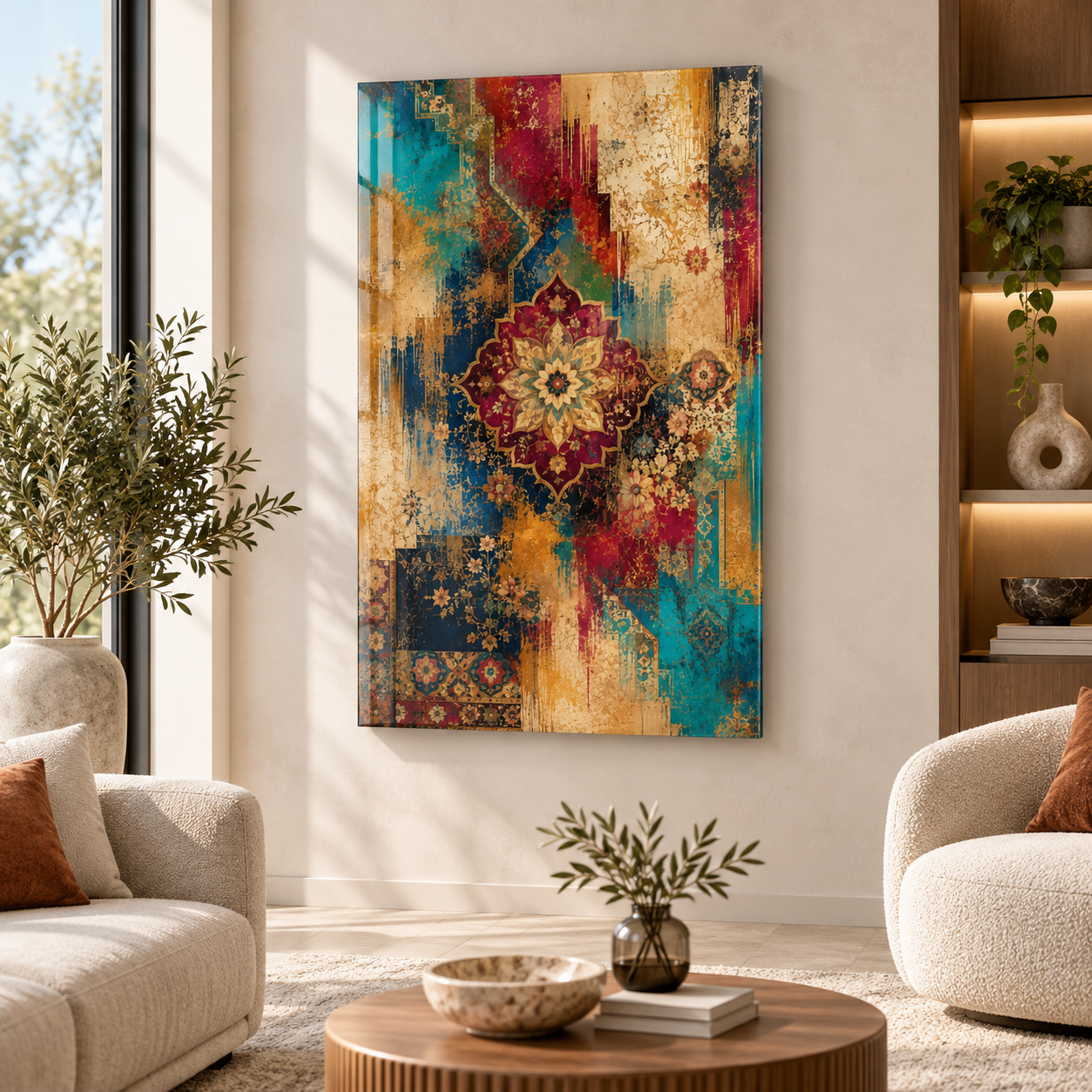 Turkuaz bordo altın etnik motifli dikey cam tablonun doğal gün ışıklı modern salonda yüzer montaj görünümü