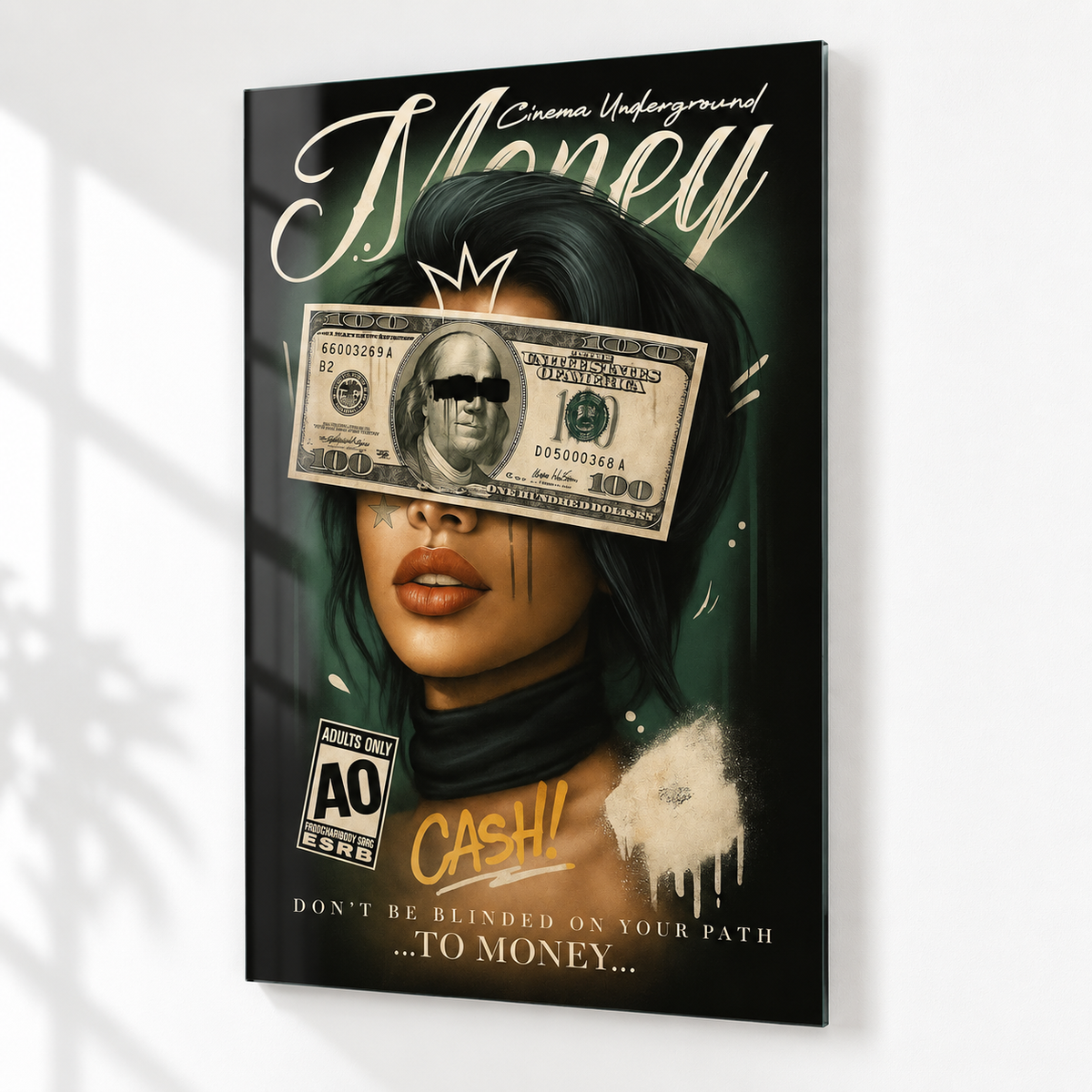 Money Cash kadın portresi dikey cam tablo beyaz vitrin görünümü