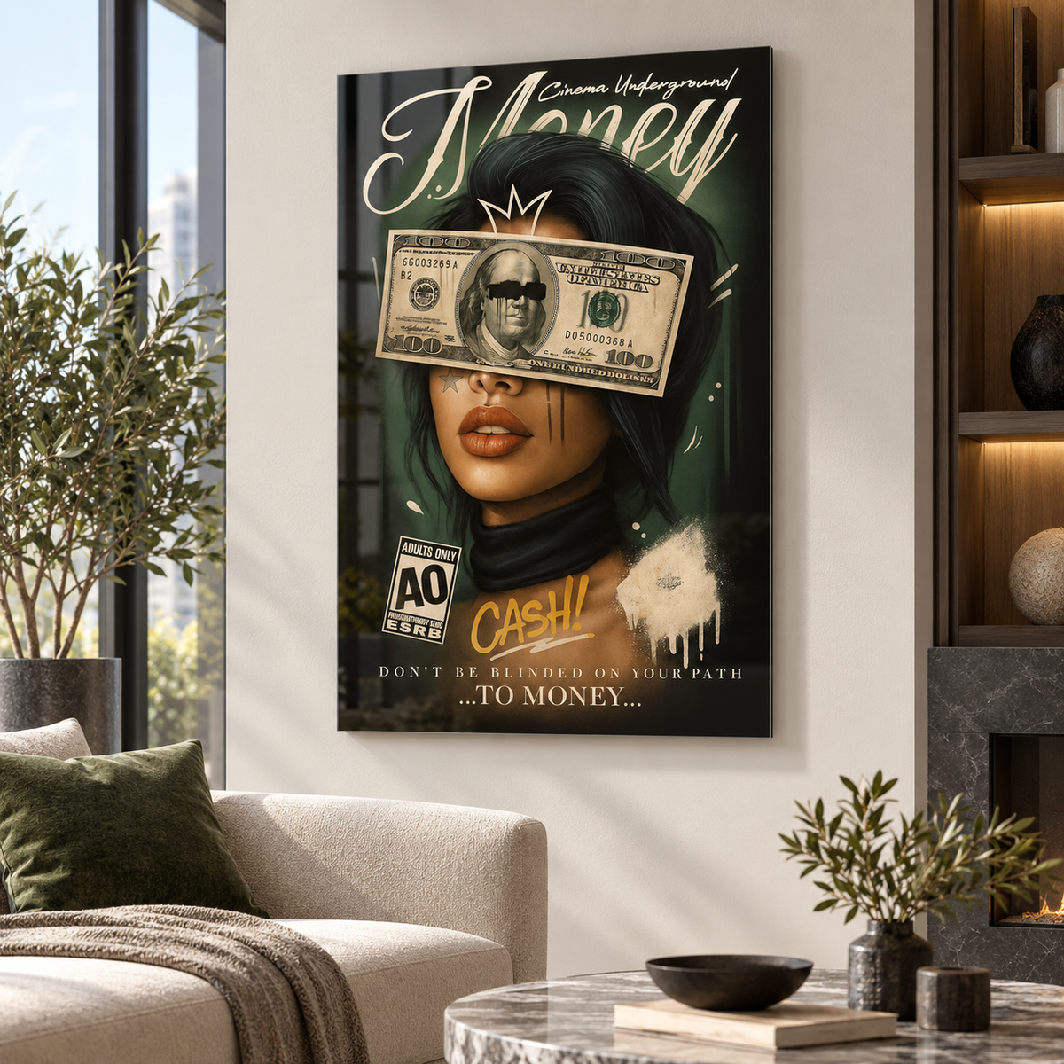 Money Cash kadın portresi dikey cam tablo modern yaşam odası mockup